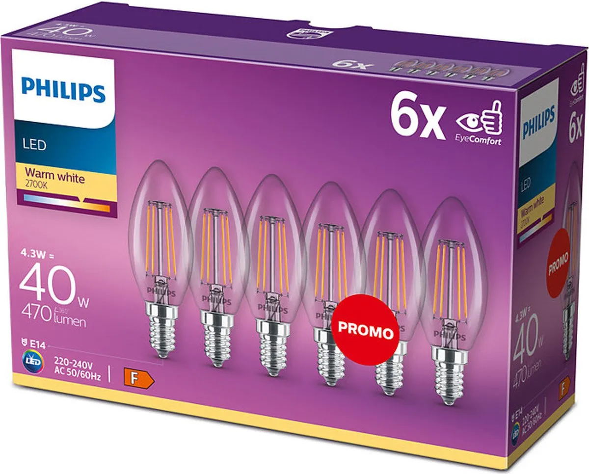 Philips LED Filament E14 4.3W Warm Wit - 12 Stuks