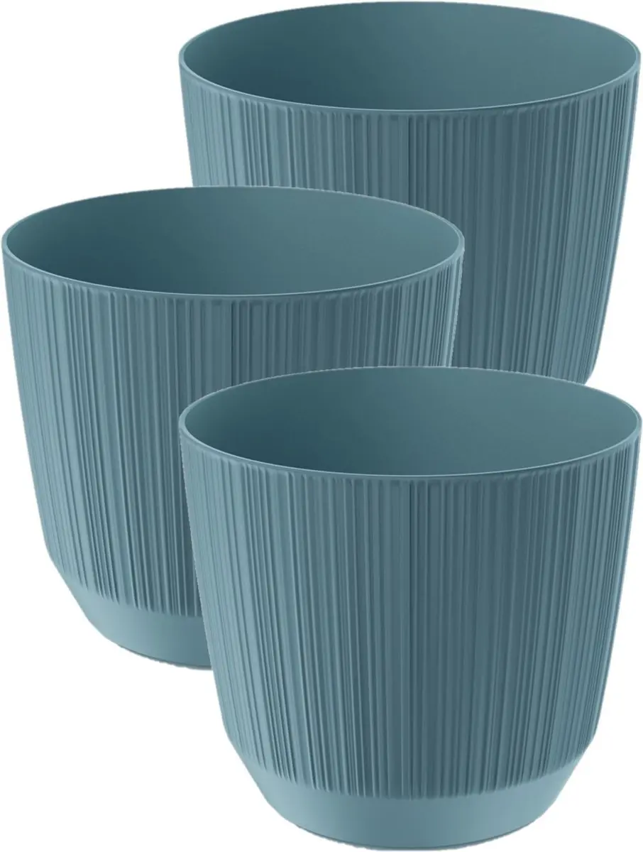 Prosperplast Plantenpot - 3x stuks - stripe - ijsblauw - kunststof - D15xH13 cm - voor binnen/buiten