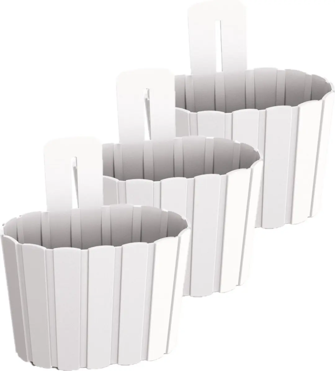 Set van 3x stuks wood-look muur/wand/schutting plantenpot/bloempot kunststof dia 20 cm/hoogte 15 cm parel wit voor buiten