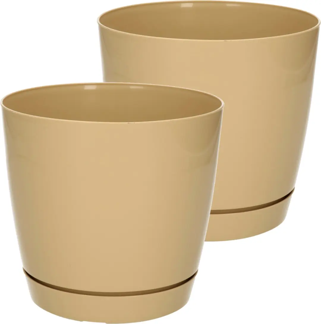 Prosperplast Plantenpot/bloempot met opvangschaal - Set van 2x stuks - kunststof - beige D16 x H14 cm - binnen/buiten