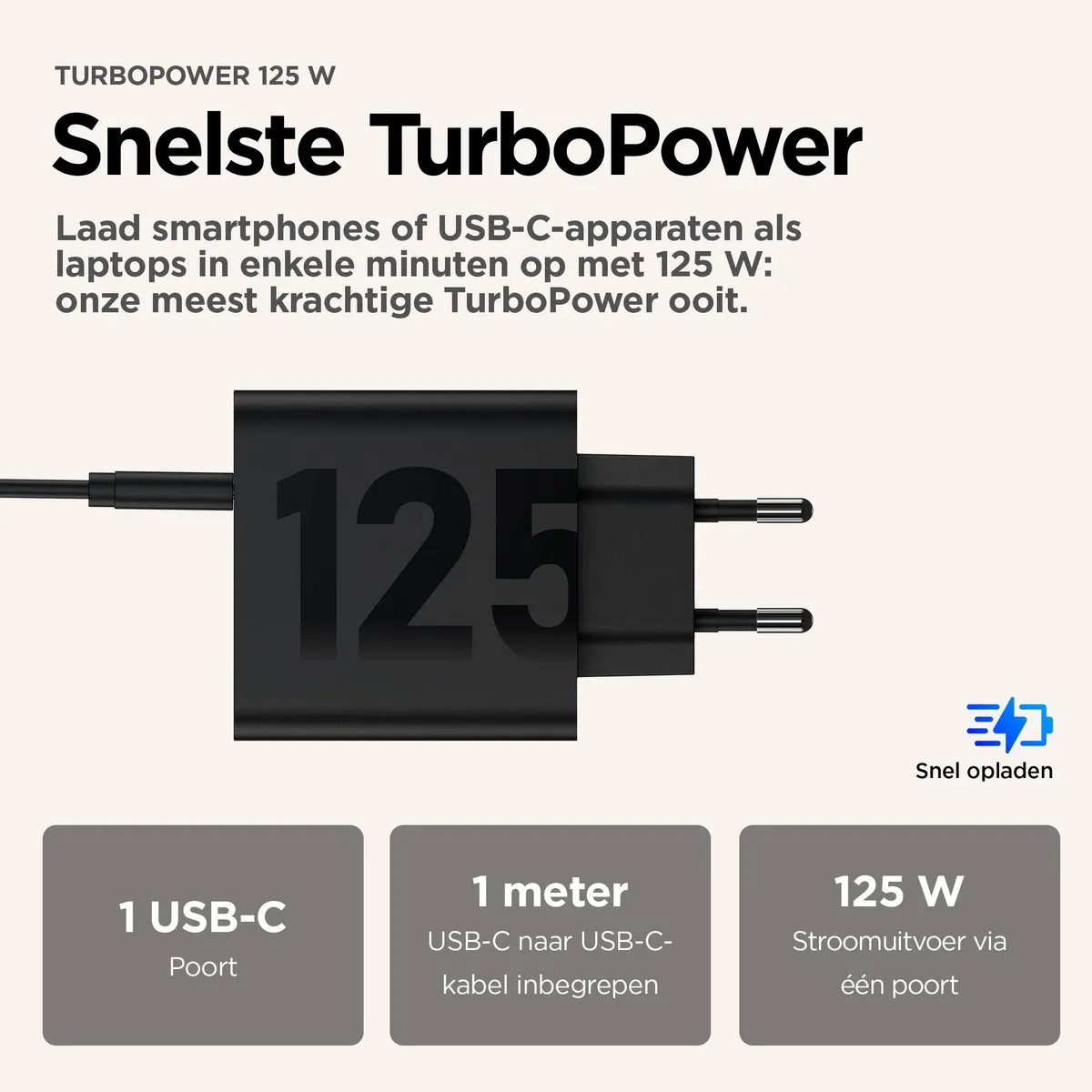 Motorola TurboPower 125W USB-C Lader MC1252 - Zwart