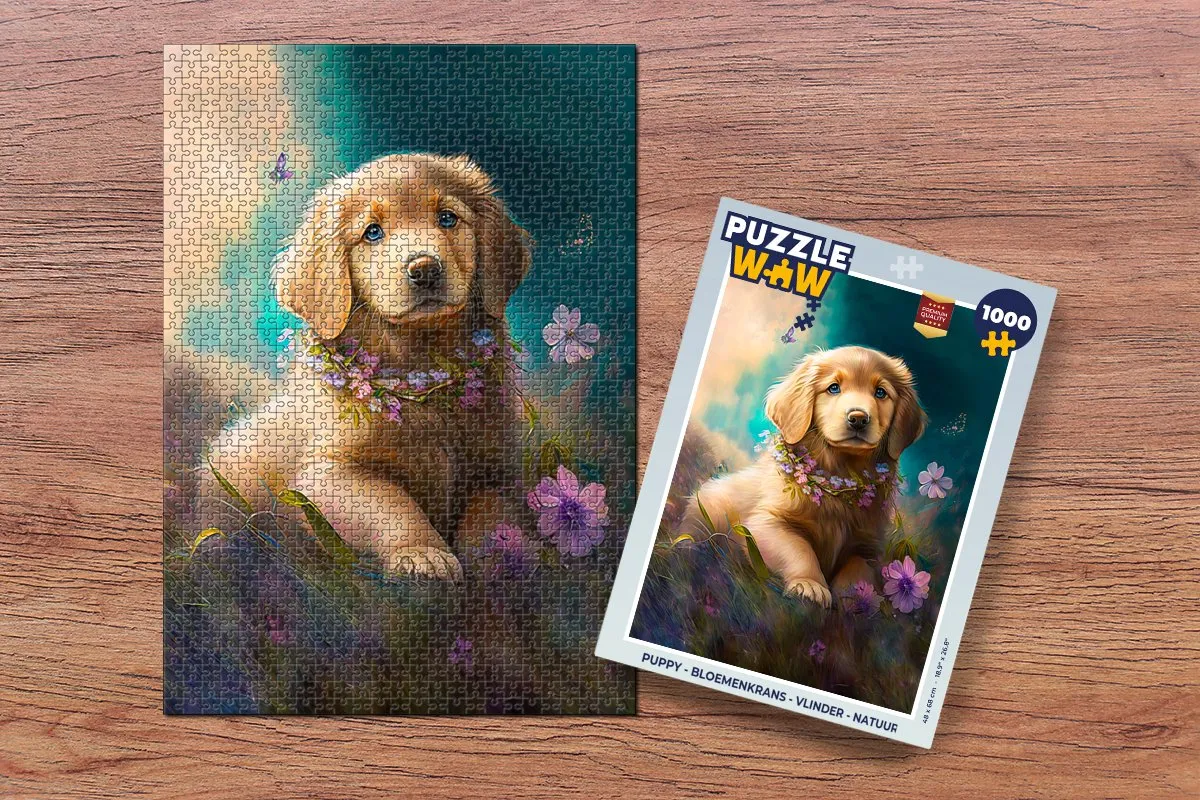 PuzzleWow Puppy Bloemenkrans Vlinder Legpuzzel 1000 Stuks - Multicolor