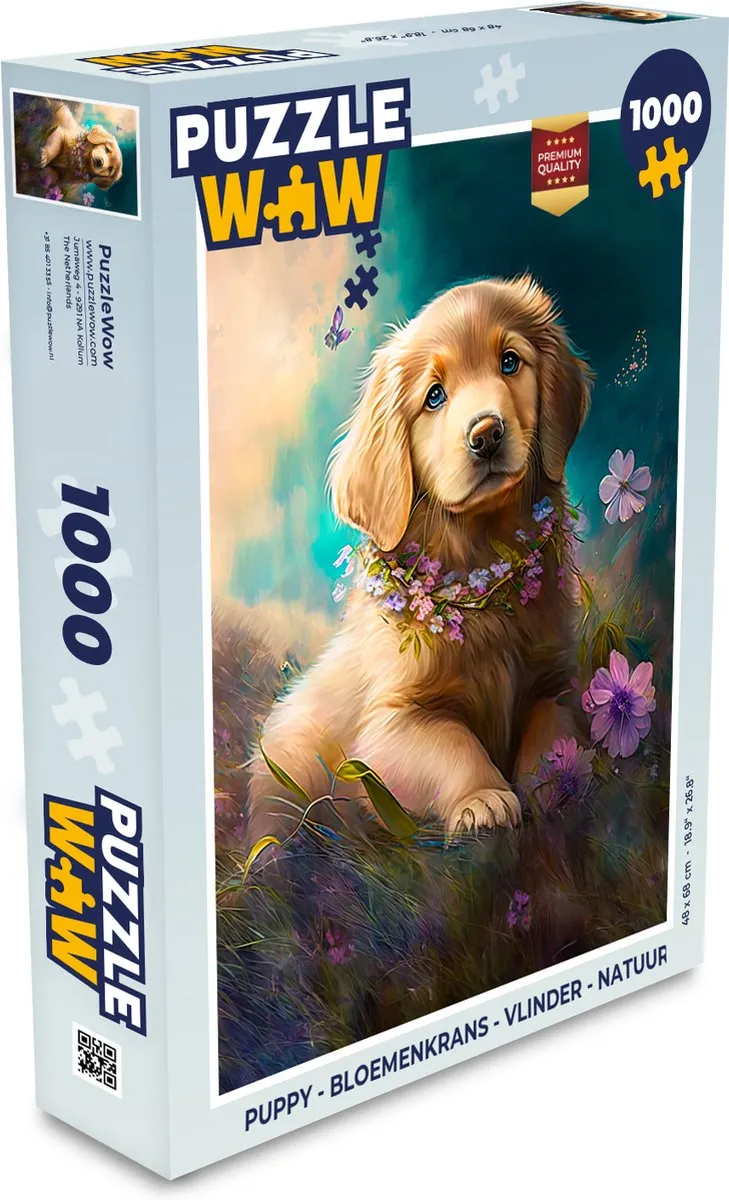 PuzzleWow Puppy Bloemenkrans Vlinder Legpuzzel 1000 Stuks - Multicolor