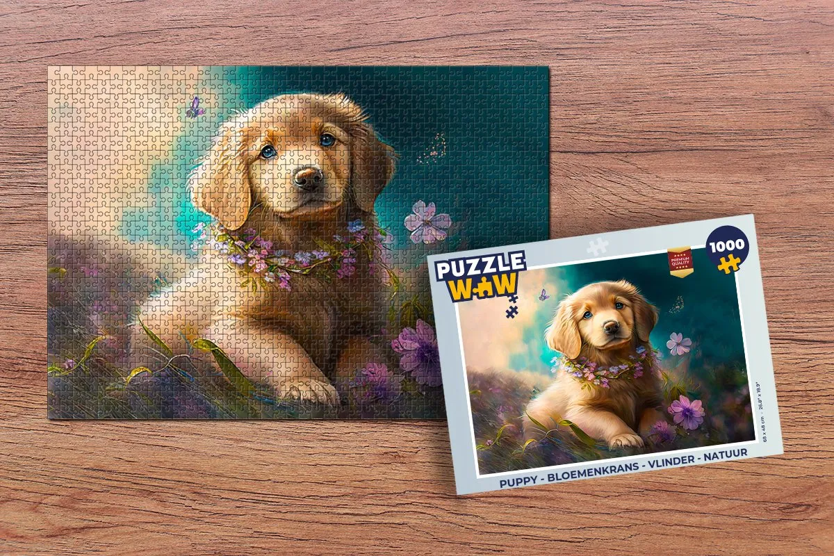 PuzzleWow Puppy Bloemenkrans Vlinder Legpuzzel 1000 Stuks - Multicolor