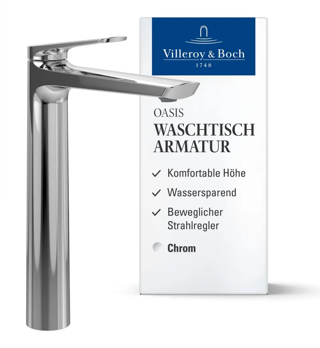 Villeroy & Boch Oasis verhoogde wastafelmengkraan, zonder afloop, chroom, H: 245