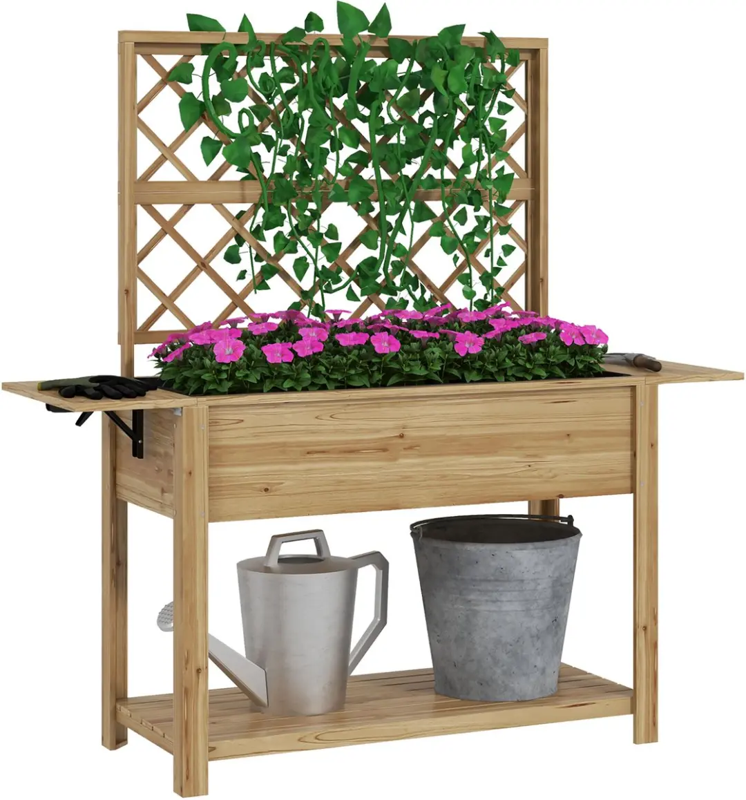 Outsunny-Verhoogde plantenbak-Drankje-140x45x151cm-Natuurlijk hout