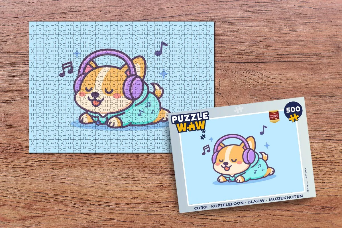 PuzzleWow Corgi Koptelefoon Legpuzzel 500 Stuks - Blauw