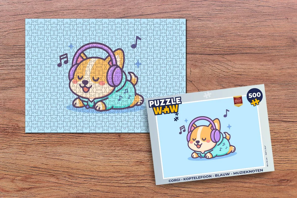 PuzzleWow Corgi Koptelefoon Legpuzzel 500 Stuks - Blauw