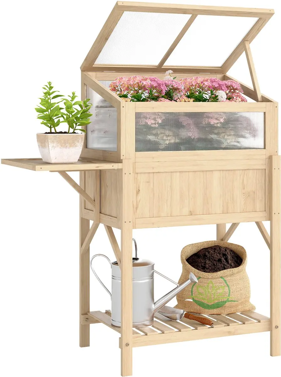 Outsunny Verhoogde plantenbak-Dennenhout, polycarbonaat-104L x 50B x 120H cm-Nat