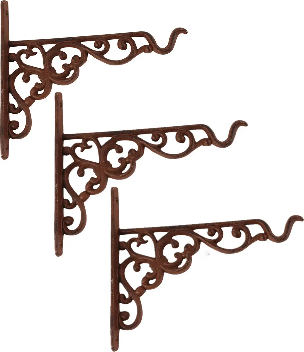 Esschert Design Muurhaak / plantenhaak met sierkrullen - 3x stuks - plantenpotten - gietijzer - 20 x 18 cm - hanging basket haak