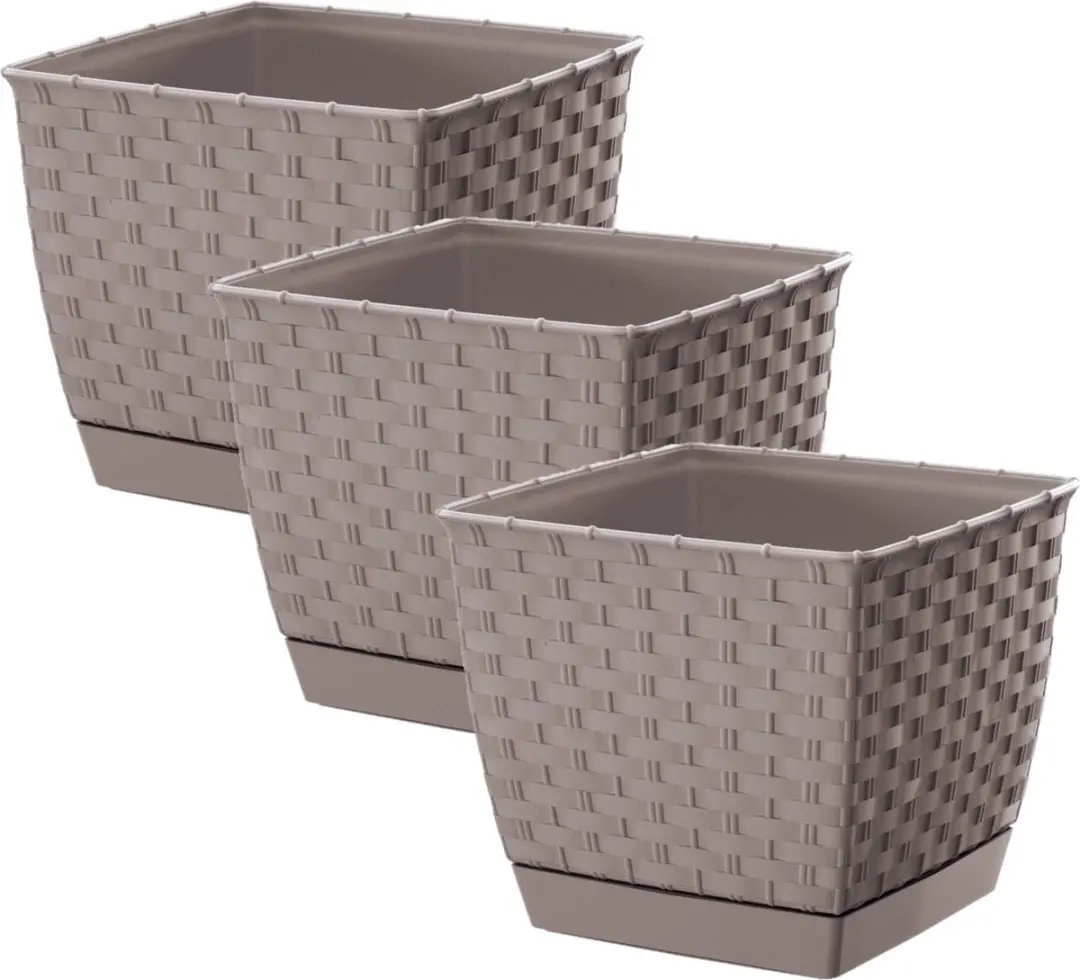 Prosperplast Plantenpot/bloempot - 3x - rotan kunststof - 14.5 x 14.5 cm - taupe