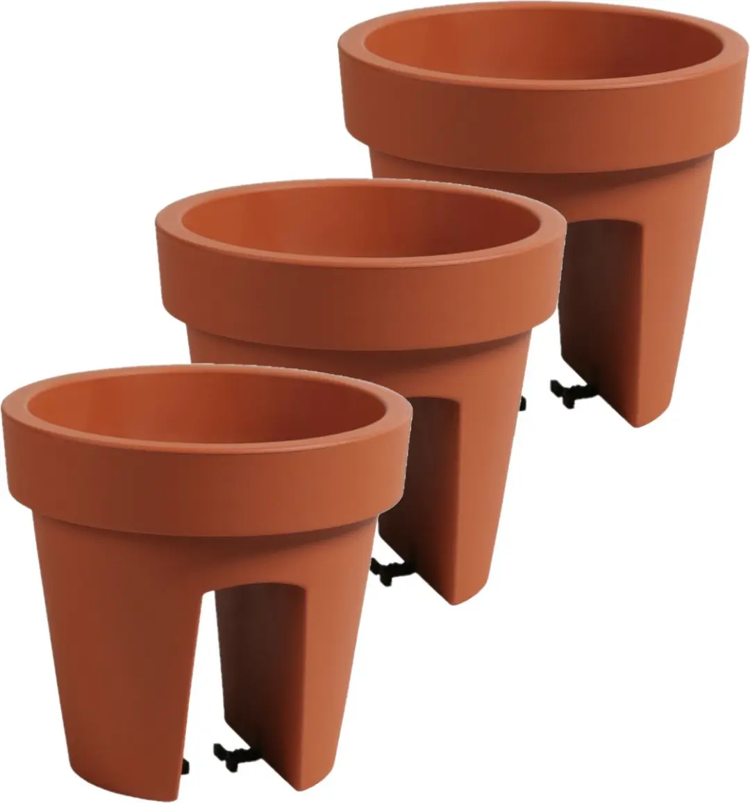 Balkon plantenpot/bloempot - 3x stuks - terracotta - 5 liter - kunststof - D25 x H23 cm - met relingklem