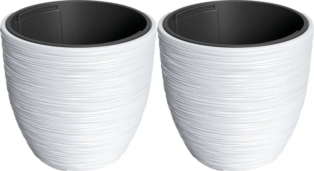 Prosperplast Plantenpot/bloempot Furu Stripes - 2x - buiten/binnen - kunststof - wit - D30 x H30 cm - Met binnenpot