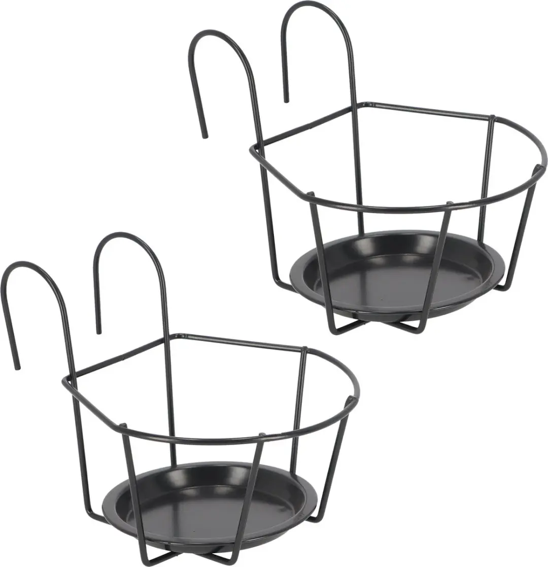 Esschert Design Balkon bloempothouder - 2x - bloembak met ophanging - zwart metaal - rond - balkonbak