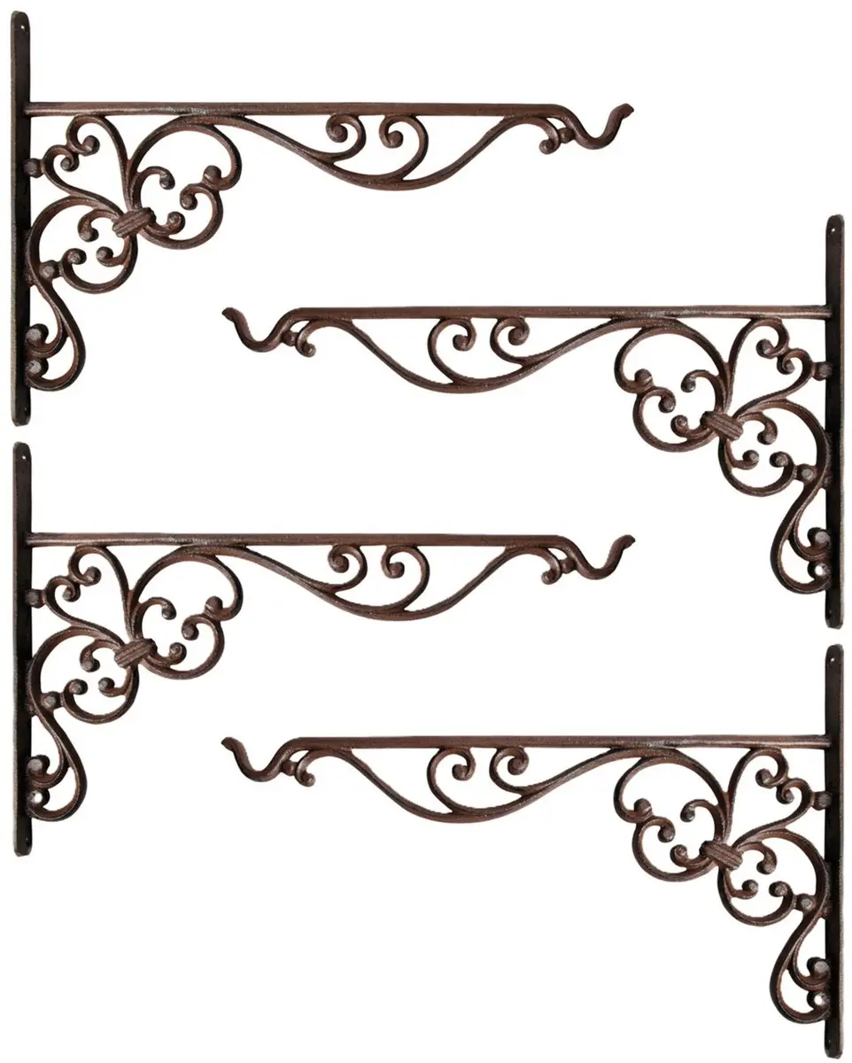 Esschert Design Muurhaak - 4x - sierkrullen - bruin -35 x 25 cm - voor plantenpotten -gietijzer- hanging baskets