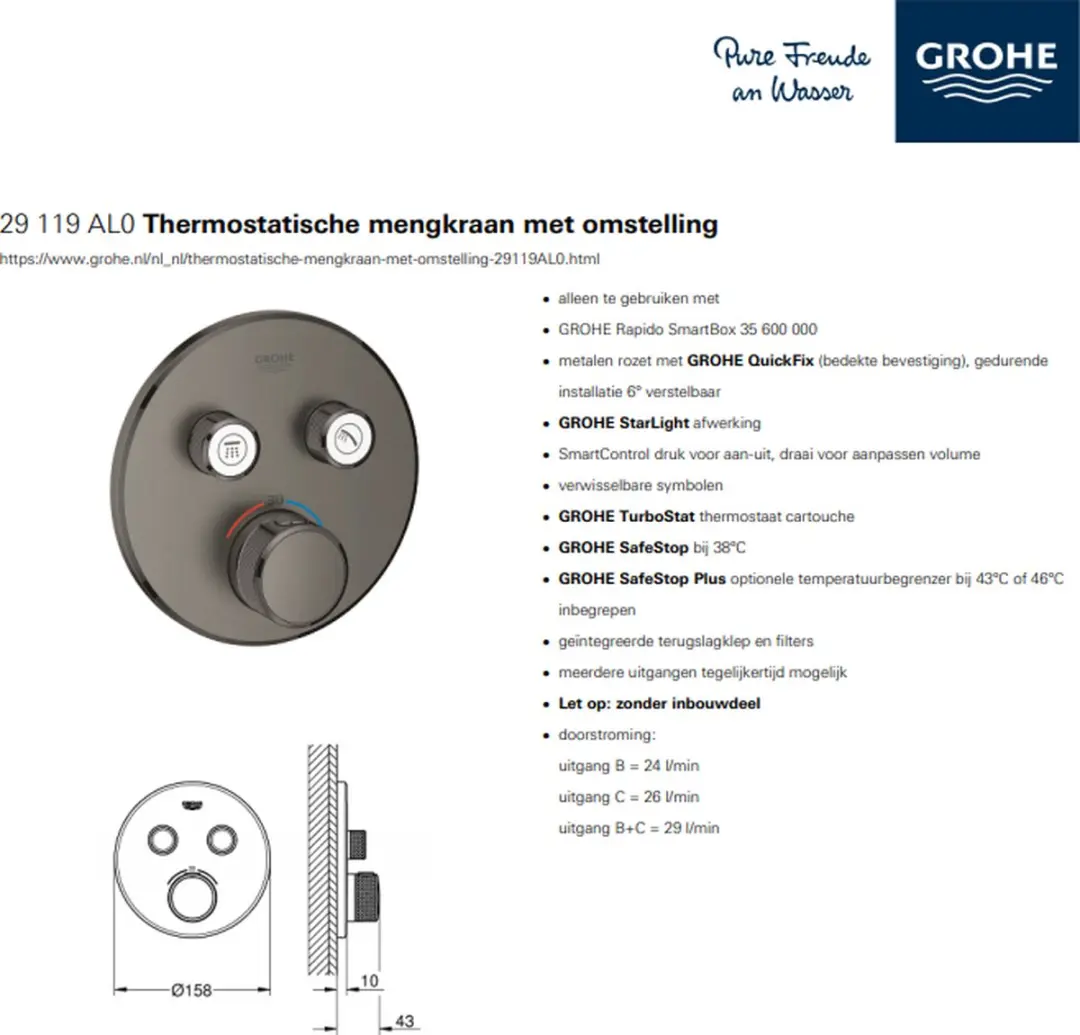 GROHE Grohtherm SmartControl 29119AL0 Thermostate Douchekraan - afbeelding 3 van 6
