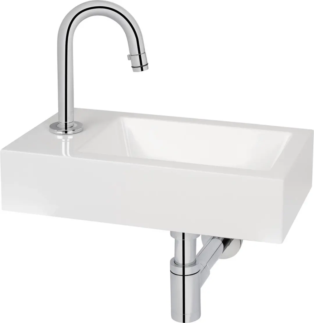 Saqu Square fonteinset met chromen kraan c-uitloop links wit mineraalmarmer