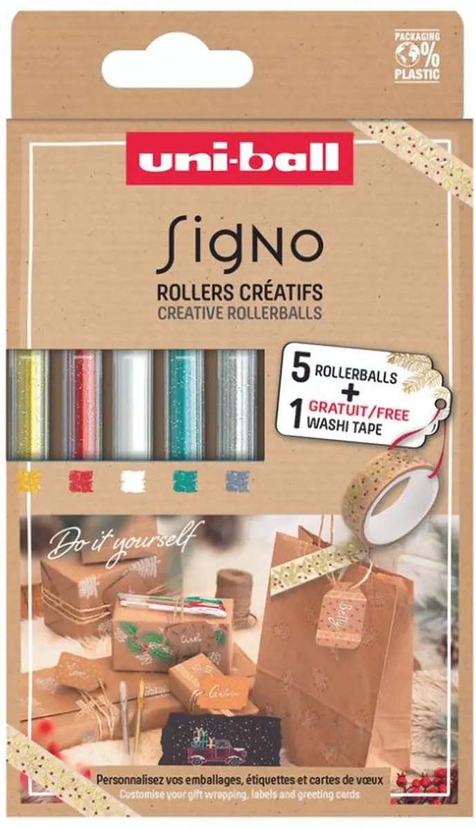 Uni-ball gelpen glitter set kerst met washi tape