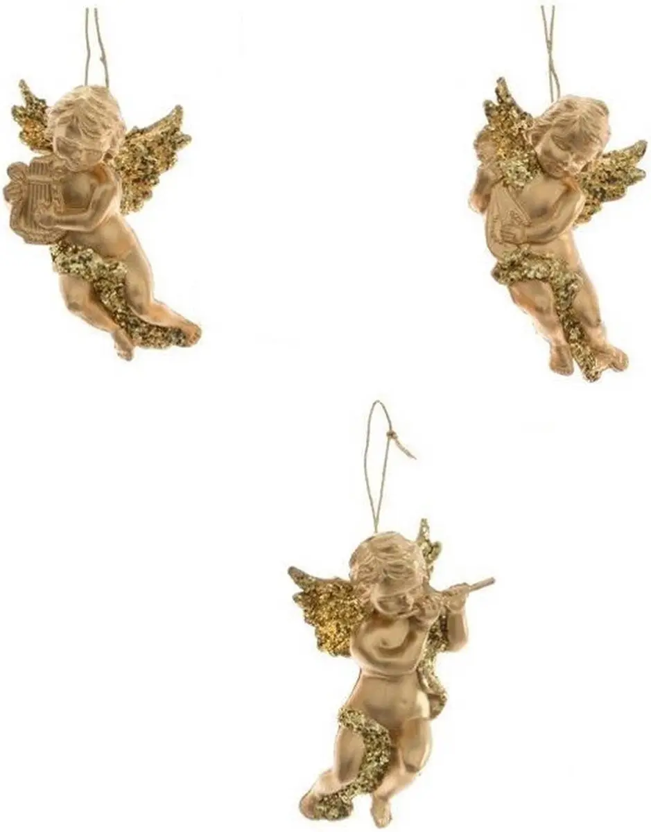 Kerstboom versiering set van 3x gouden engeltjes van 10 cm - Kerst decoraties engelen met ophanglusje - afbeelding 2 van 2