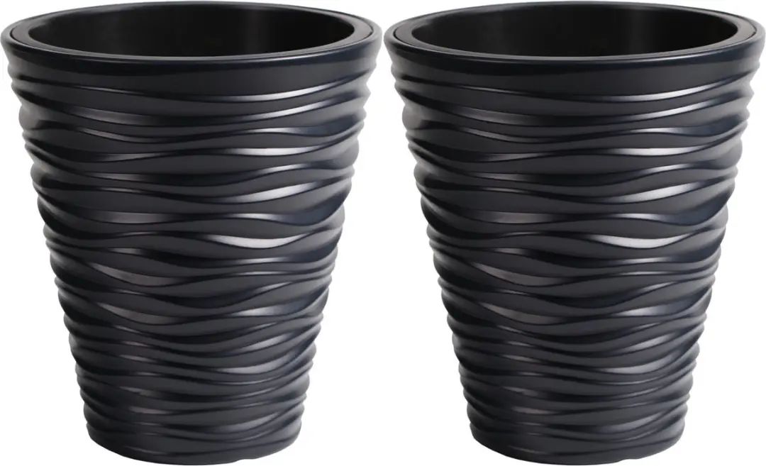 Prosperplast Plantenpot/bloempot Sand Dunes - 2x - buiten/binnen - kunststof - antraciet - D30 x H33 cm - met binnenpot