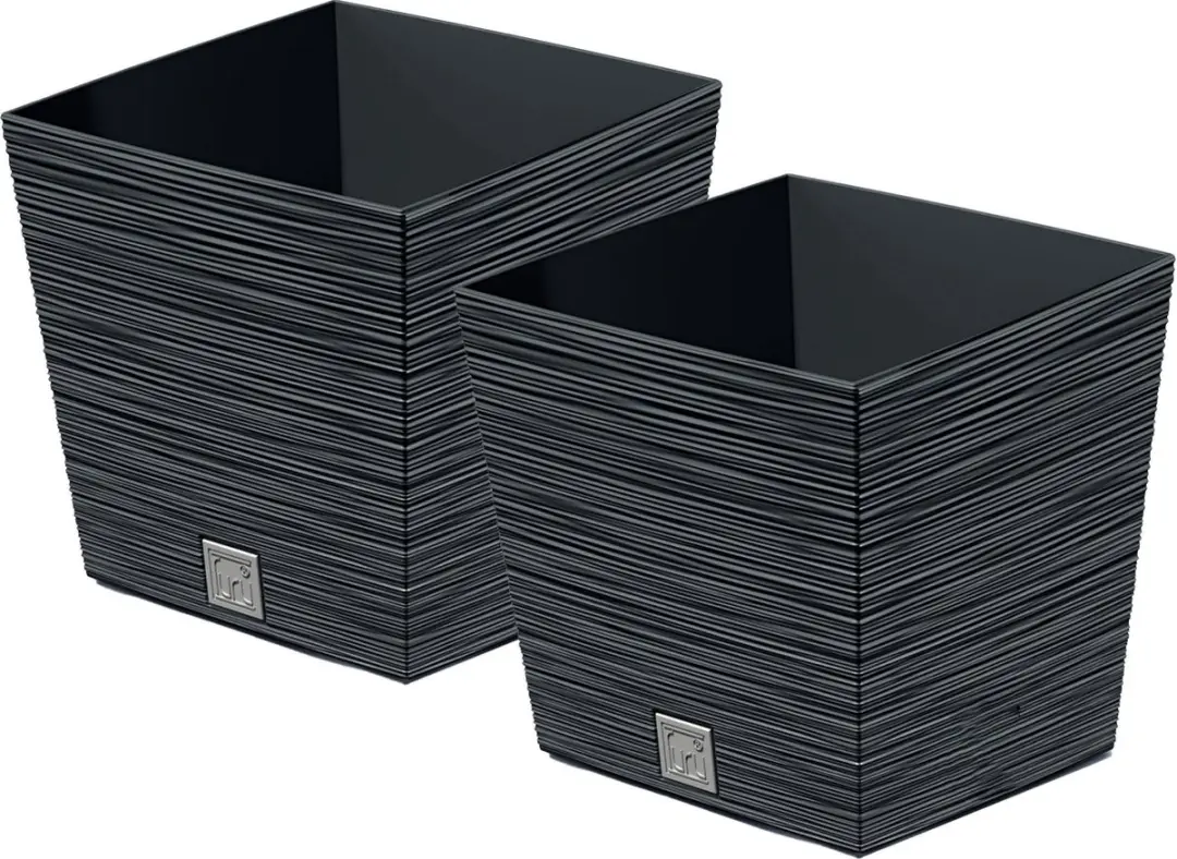 Prosperplast Plantenpot/bloempot Furu Stripes - 2x - voor buiten - kunststof - antraciet - vierkant - D29.5 x H29 cm