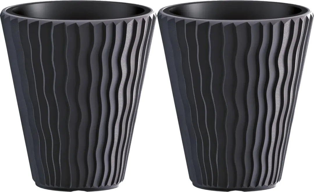 Prosperplast Plantenpot/bloempot Sand Waves - 2x - buiten/binnen - kunststof - antraciet - D35 x H38 cm - met binnenpot