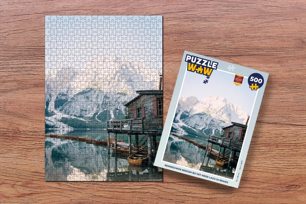 PuzzleWow Besneeuwde Bergen Lago di Braies Legpuzzel 500 Stuks - Multicolor