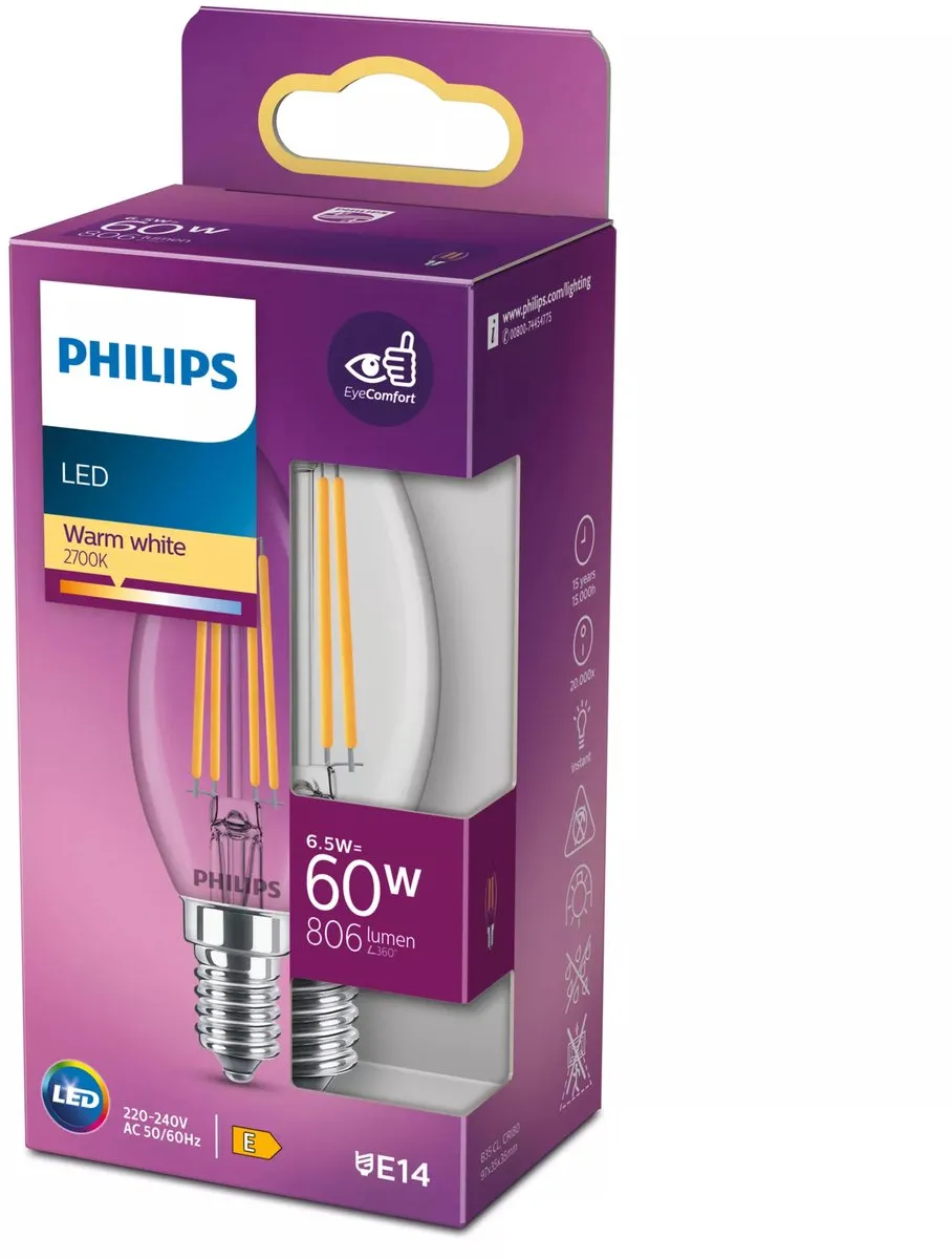 Philips LED Kaarslamp E14 6,5W Warmwit 2700K