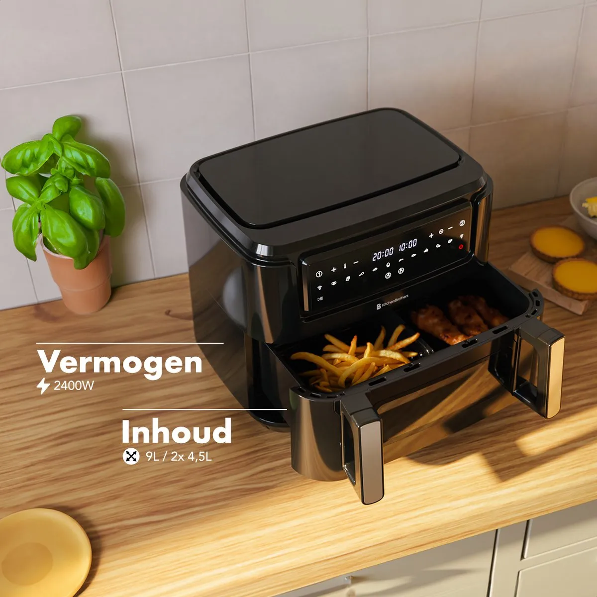 KitchenBrothers Dubbele Airfryer 2400W 9L - 10 Programma's - Zwart
