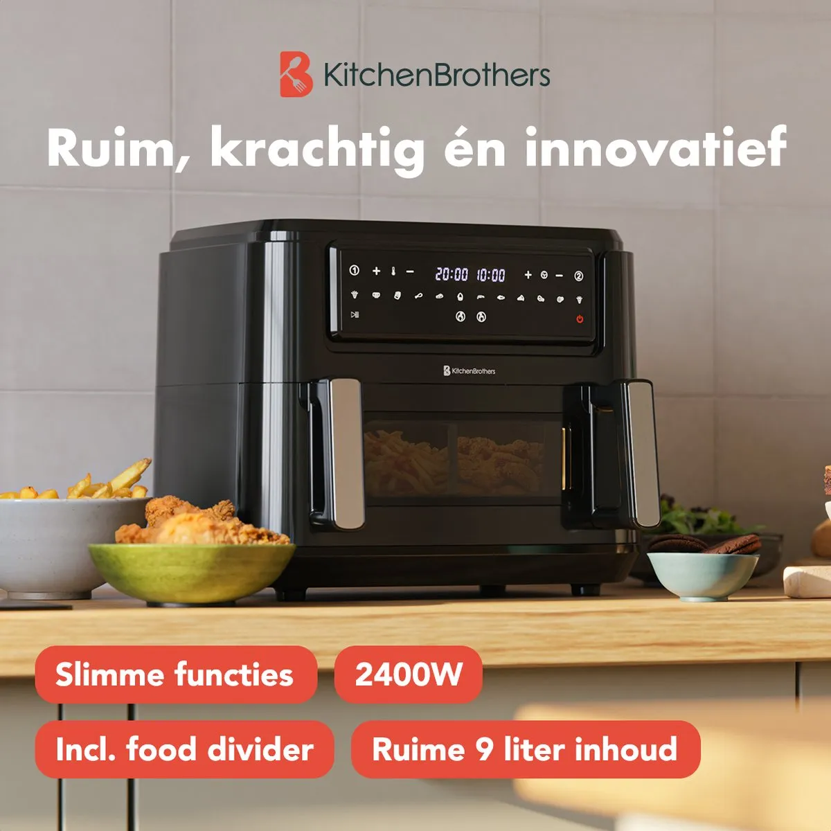 KitchenBrothers Dubbele Airfryer 2400W 9L - 10 Programma's - Zwart