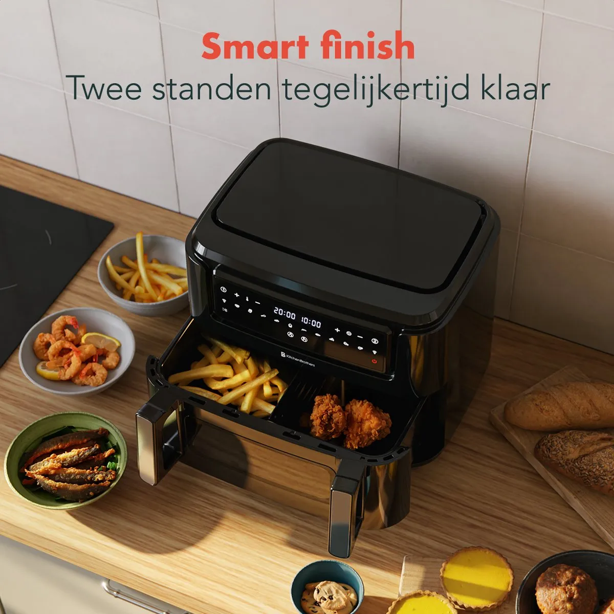 KitchenBrothers Dubbele Airfryer 2400W 9L - 10 Programma's - Zwart