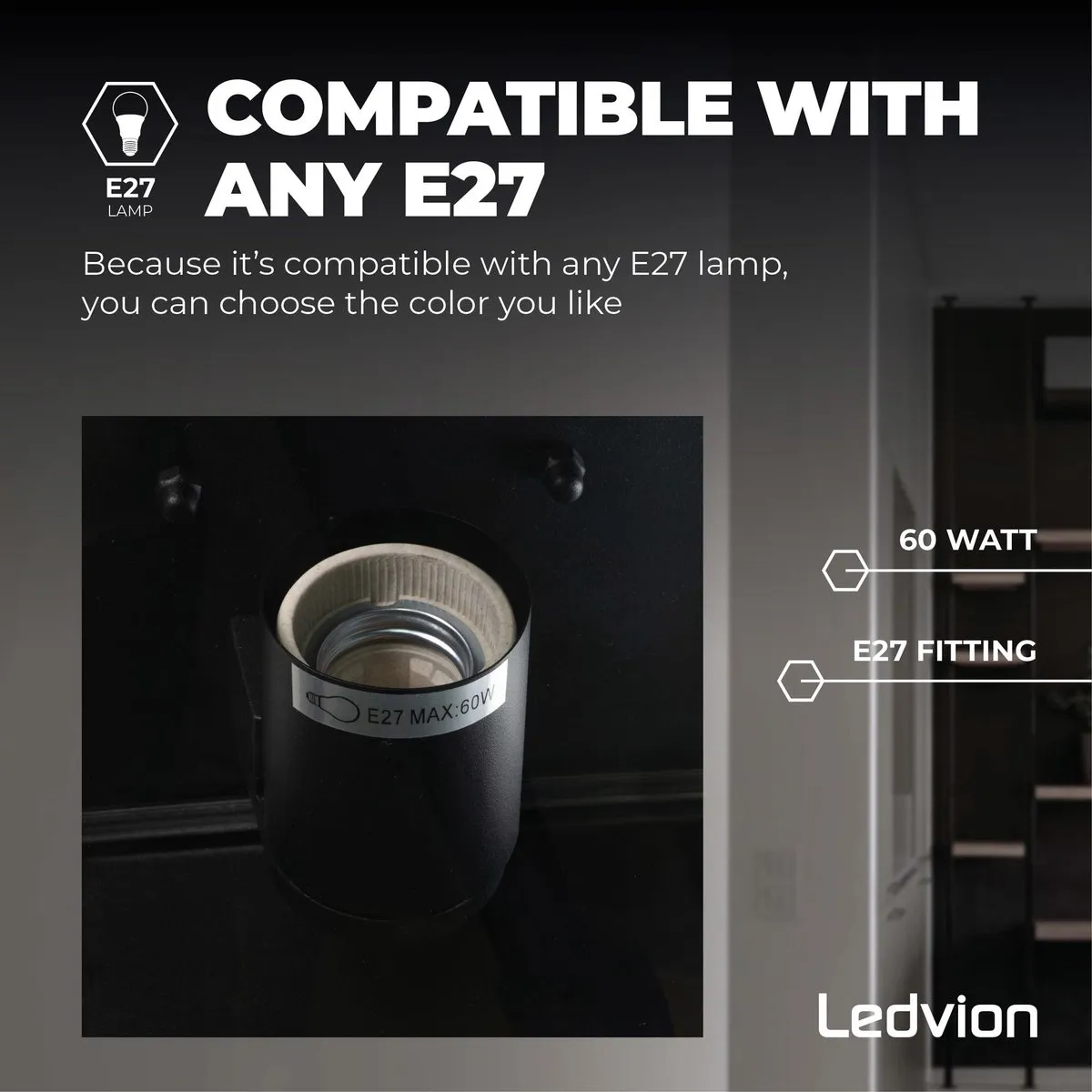 Ledvion Lyra LED Wandlamp E27 60W - Zwart