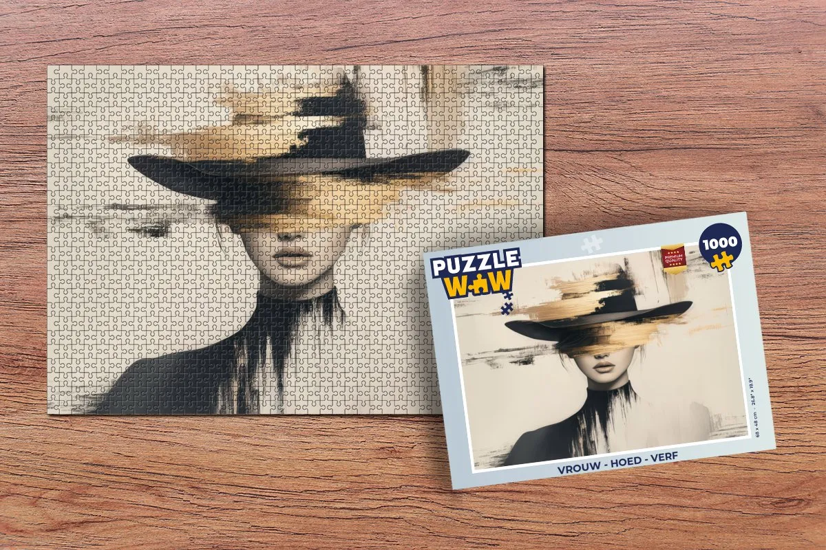 PuzzleWow Vrouw - Hoed Verf Legpuzzel 1000 Stuks - Goud/Beige