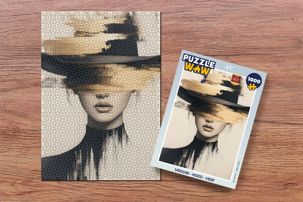 PuzzleWow Vrouw - Hoed Verf Legpuzzel 1000 Stuks - Goud/Beige