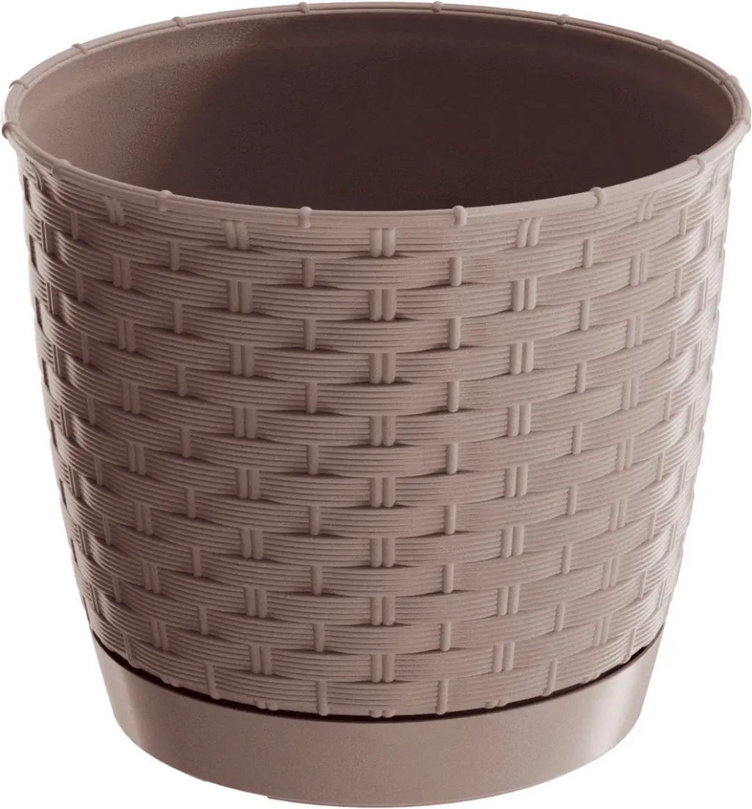 Ronde gevlochten plantenpot/bloempot kunststof dia 30 cm en hoogte 26 cm in het taupe