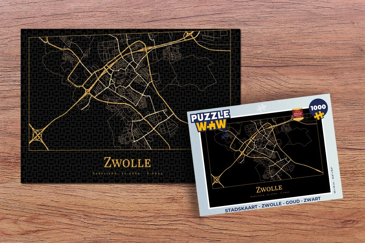 PuzzleWow Stadskaart Zwolle Legpuzzel 1000 Stuks - Goud/Zwart