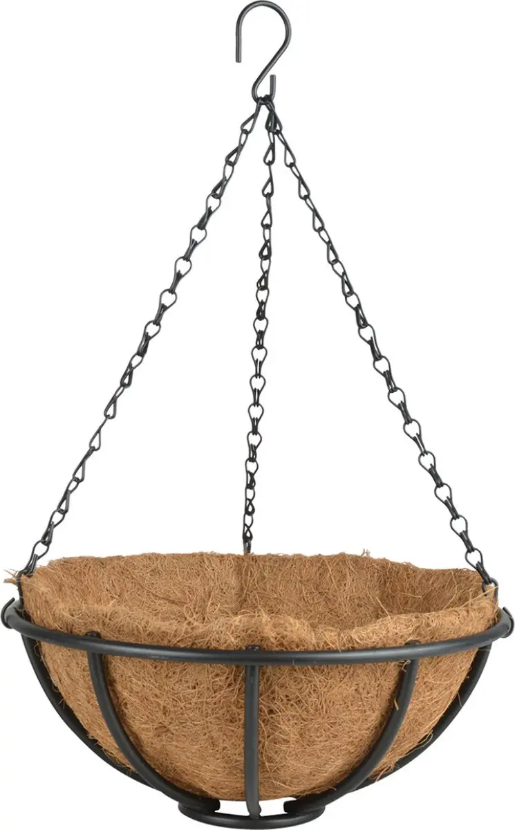 Esschert Design Metalen hanging basket / plantenbak met ketting - D30 cm - zwart - hangende bloemen - inclusief kokosinlegvel