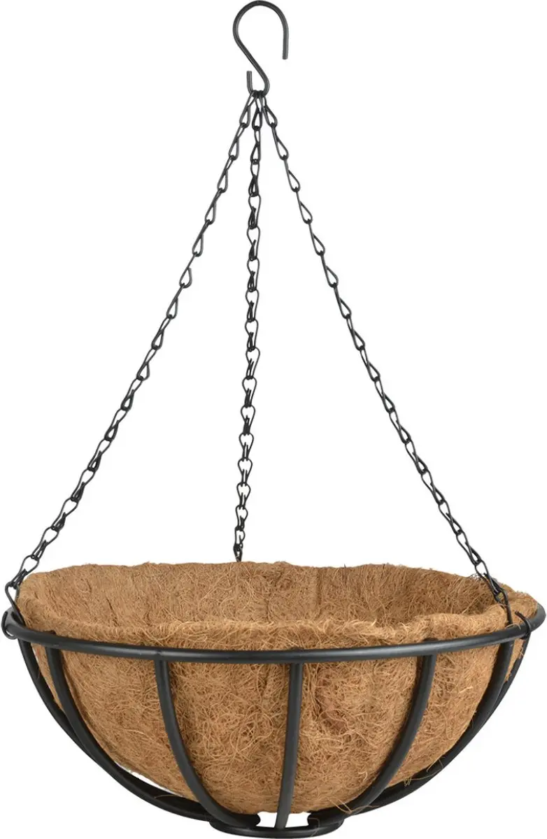 Esschert Design Metalen hang basket mand / plantenbak - met ketting - Dia 35 cm - inclusief kokosinlegvel - Hangende bloemen en planten