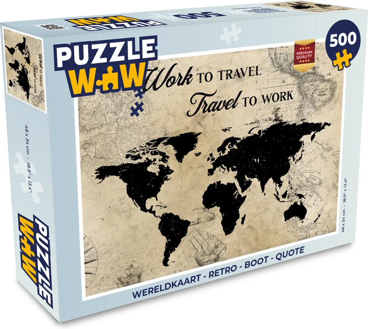 PuzzleWow Wereldkaart Retro Boot Quote Legpuzzel 500 Stuks