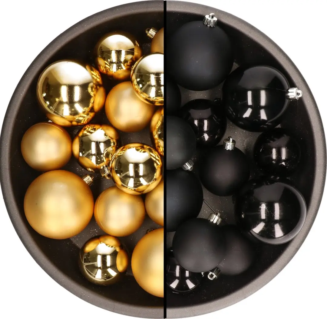 Kerstversiering kunststof kerstballen kleuren mix zwart/goud 6-8-10 cm pakket va