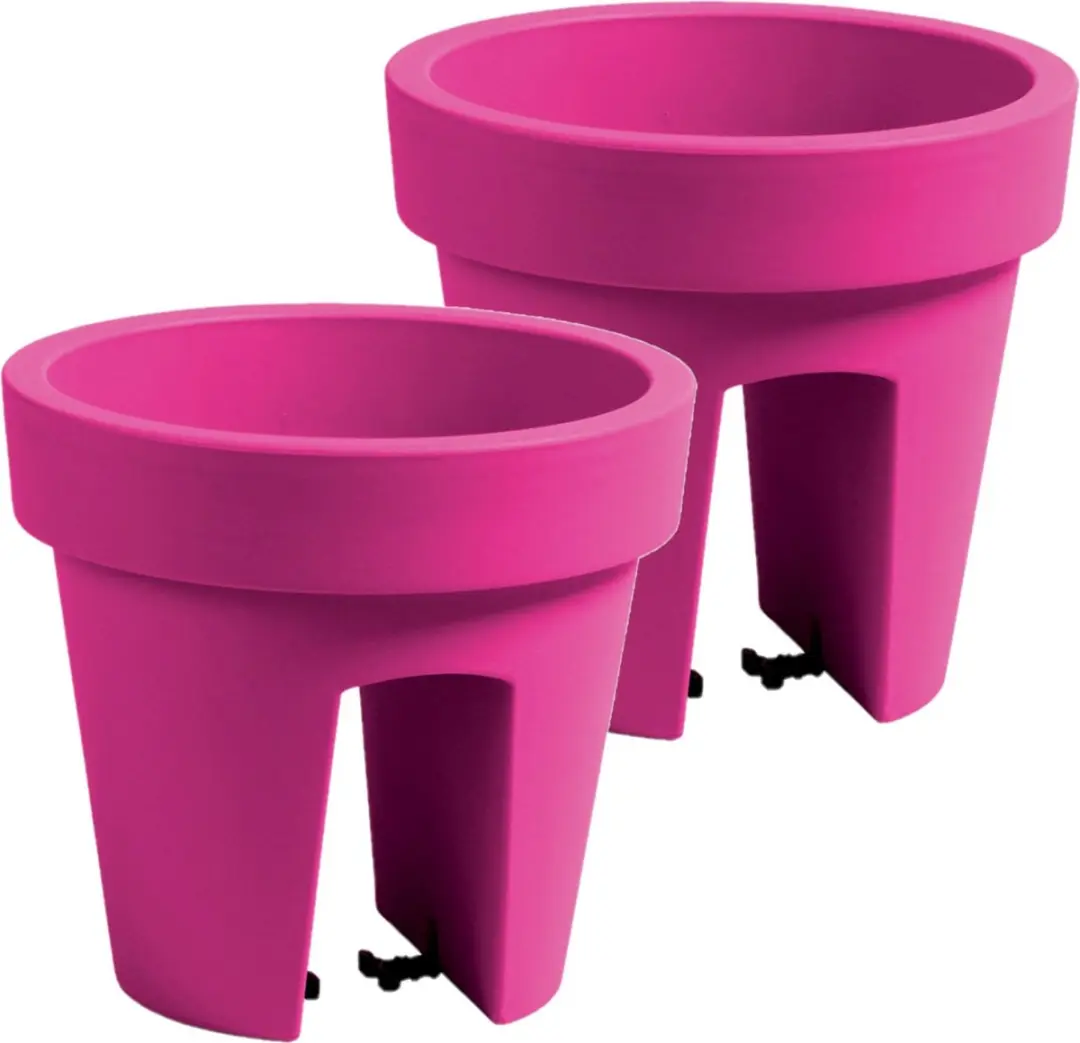 Balkon plantenpot/bloempot - 2x stuks - fuchsia roze - 5 liter - kunststof - D25 x H23 cm - met relingklem