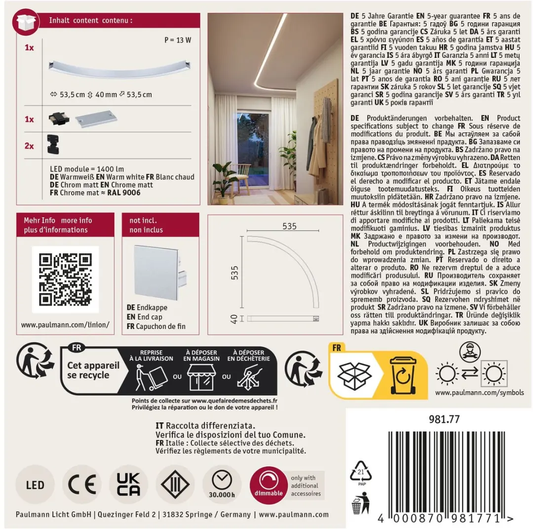 Paulmann Linion Lichtkanaal 90° Curve 6.5W Chroom mat - afbeelding 2 van 6