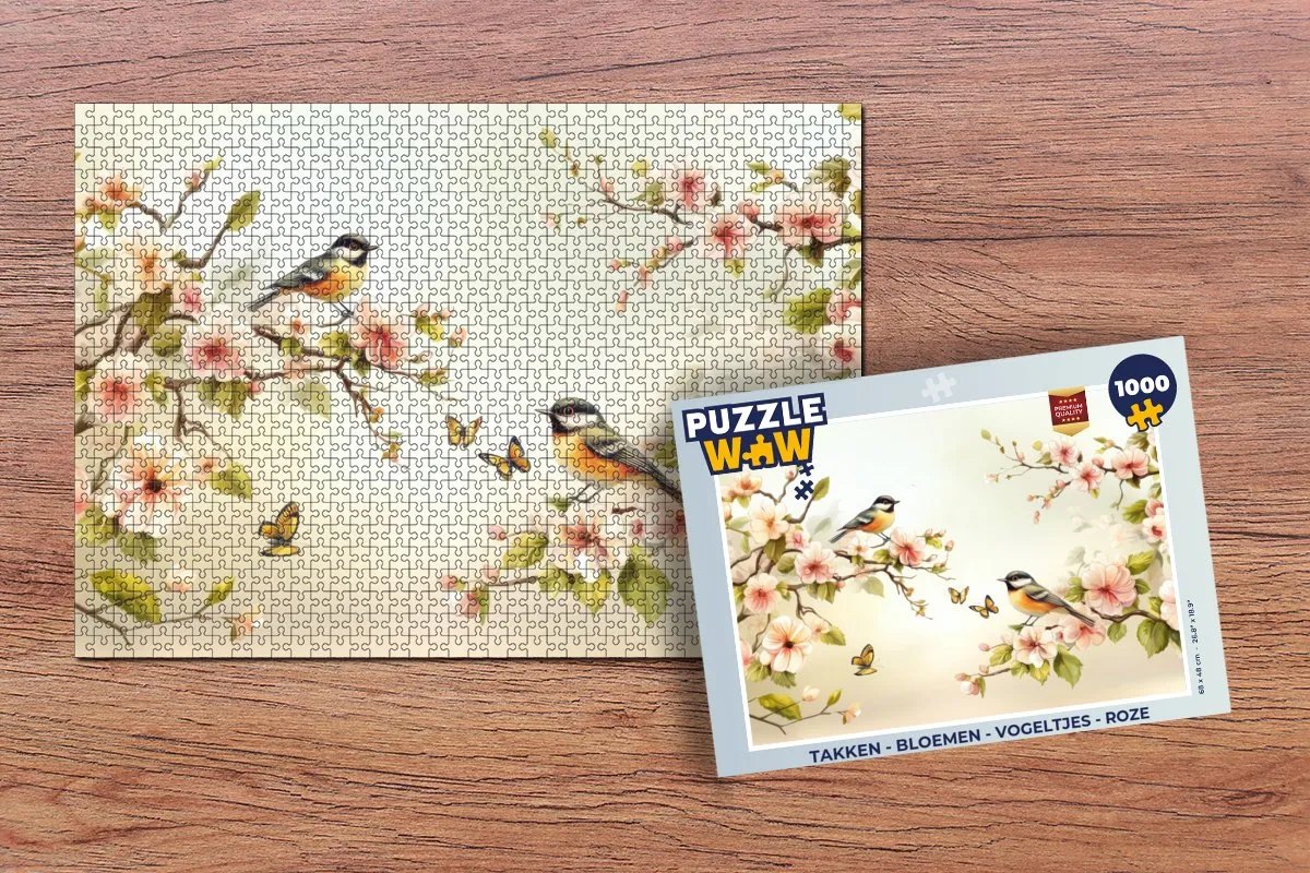 PuzzleWow Legpuzzel 1000 Stuks - Roze Bloemen & Vogeltjes