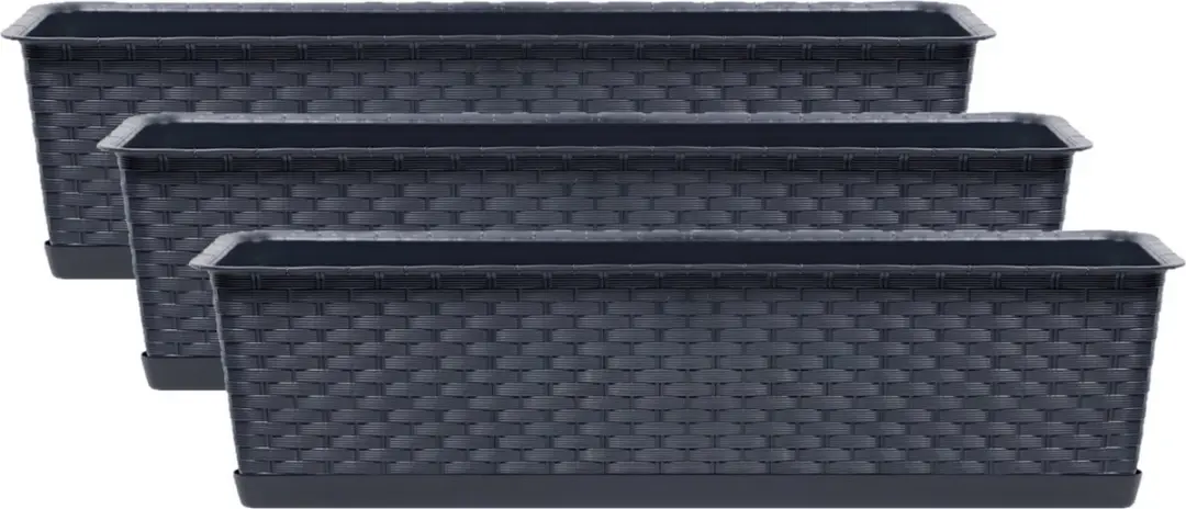 Prosperplast Plantenbak/bloembak Ratolla - 3x - 60 x 17 x 15 cm kunststof - antraciet - met opvangschaal
