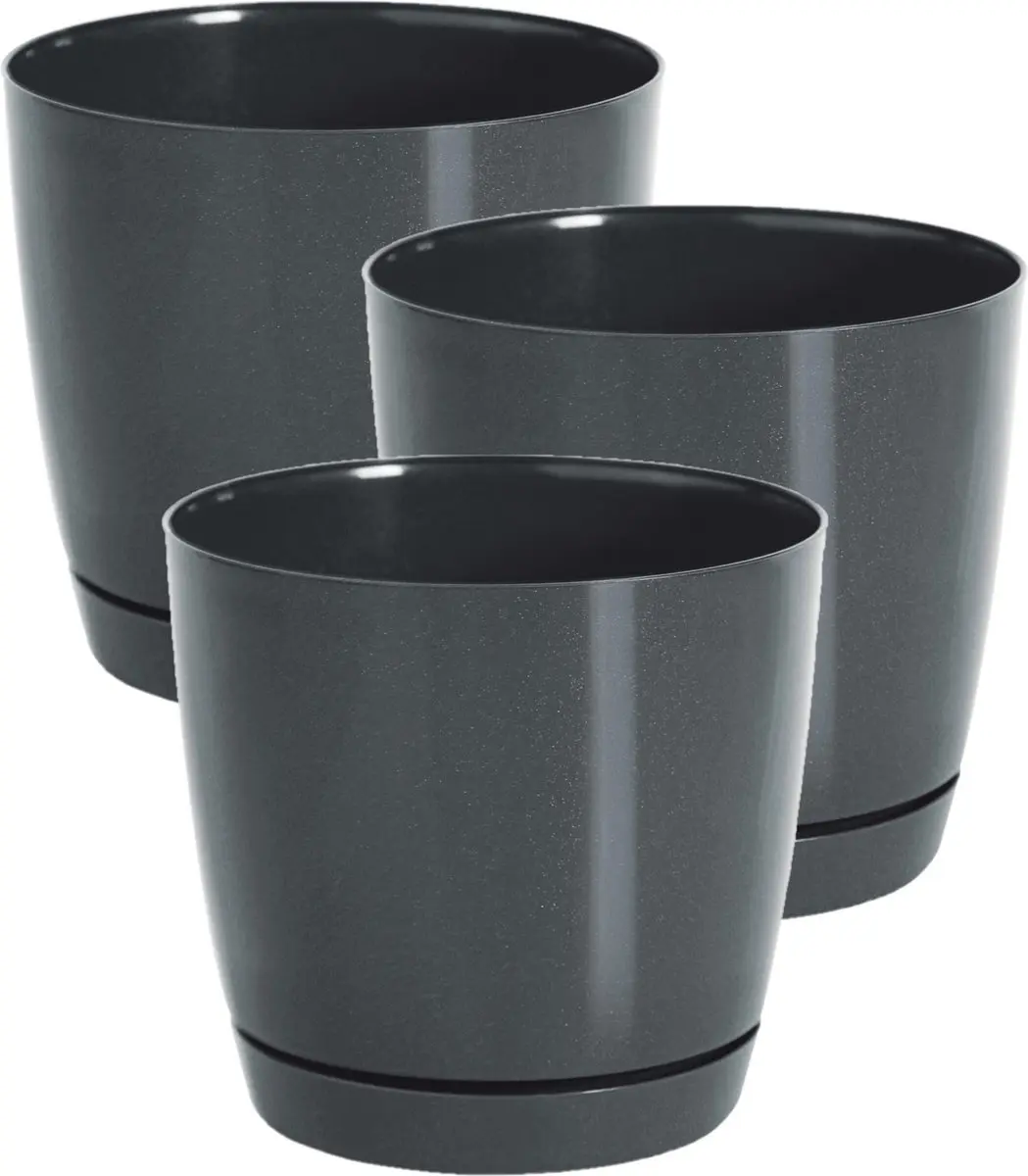 Prosperplast Plantenpot/bloempot met opvangschaal - Set van 3x stuks - kunststof - antraciet D16 x H14 cm - binnen/buiten