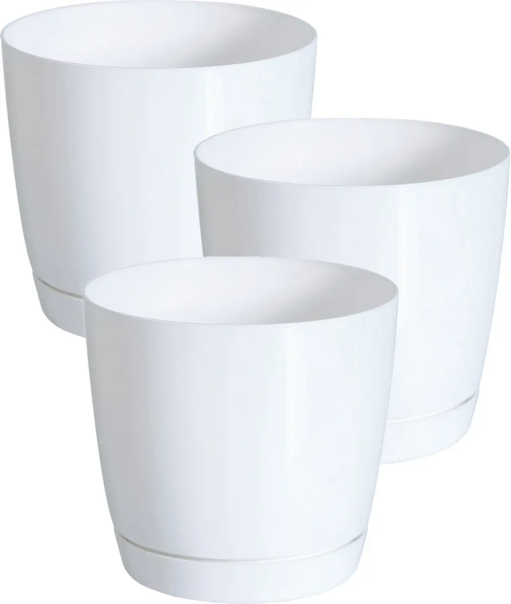 Prosperplast Plantenpot/bloempot met opvangschaal - Set van 3x stuks - kunststof - parel wit D28 x H26 cm - binnen/buiten