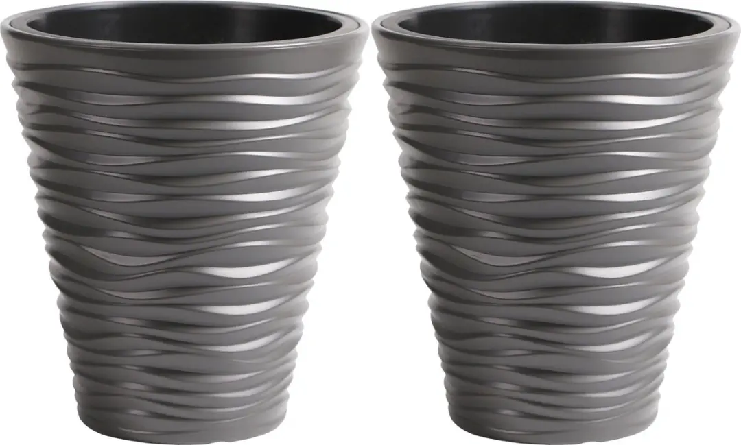 Prosperplast Plantenpot/bloempot Sand Dunes - 2x - buiten/binnen - kunststof - steengrijs - D35 x H38 cm - met binnenpot