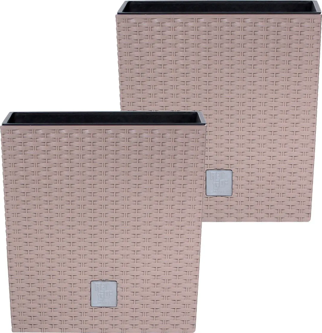 Prosperplast Bloempot/plantenpot Rato - 2x - rotan look - met binnenpot - taupe - 22 x 22 x 23 cm - kunststof