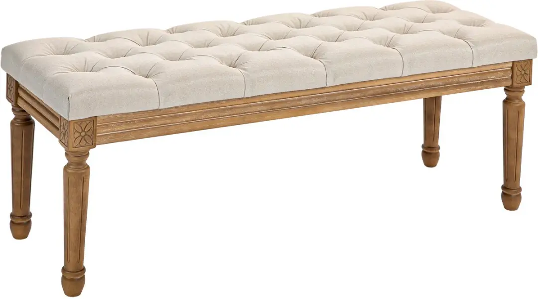 HOMCOM-Sitzbank-Polyester, Eukalyptusholz-120L x 41B x 48H cm-Cremeweiß