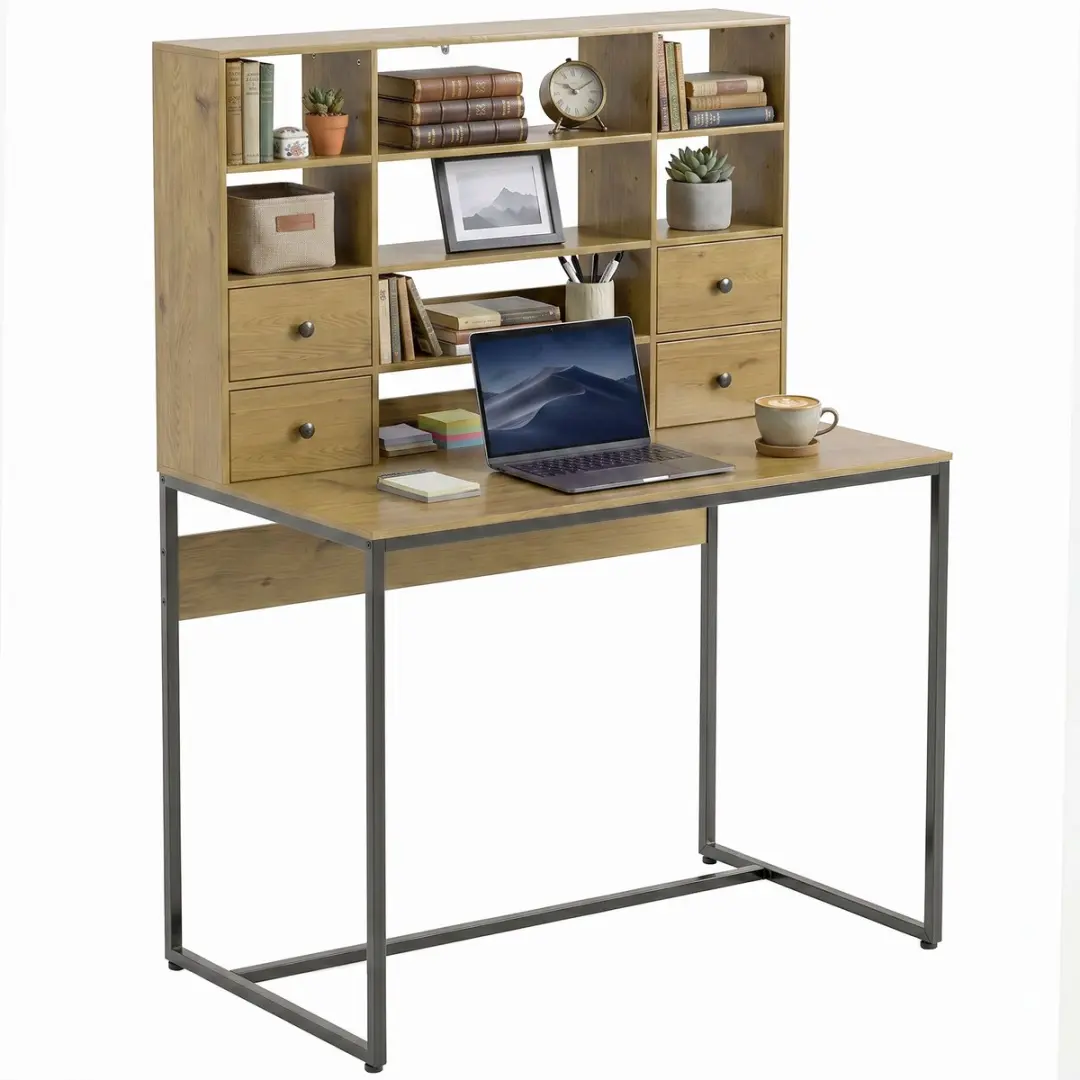 HOMCOM Desk with Shelves-Spanplatte, Metall-105L x 60B x 142H cm-Naturholz